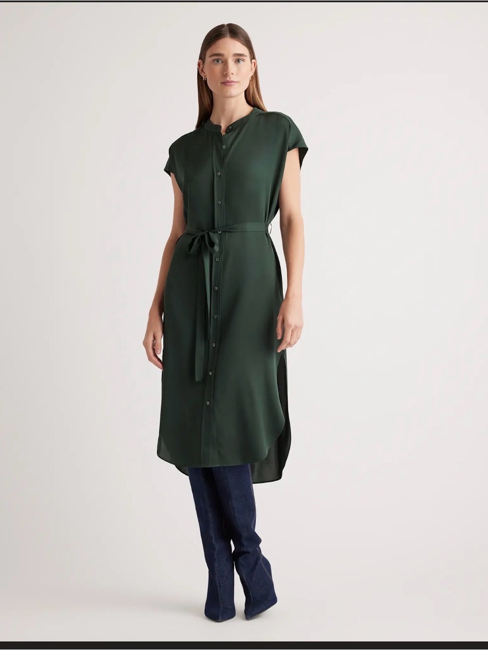 Quince Forest Green Washable Stretch Silk Midi Shirt Dress - Picture 2 of 7